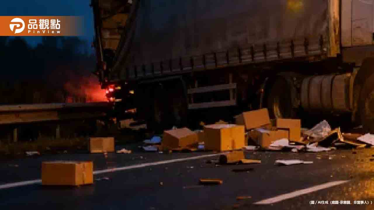 才剛休息完上路！物流貨櫃車國道上撞護欄側翻