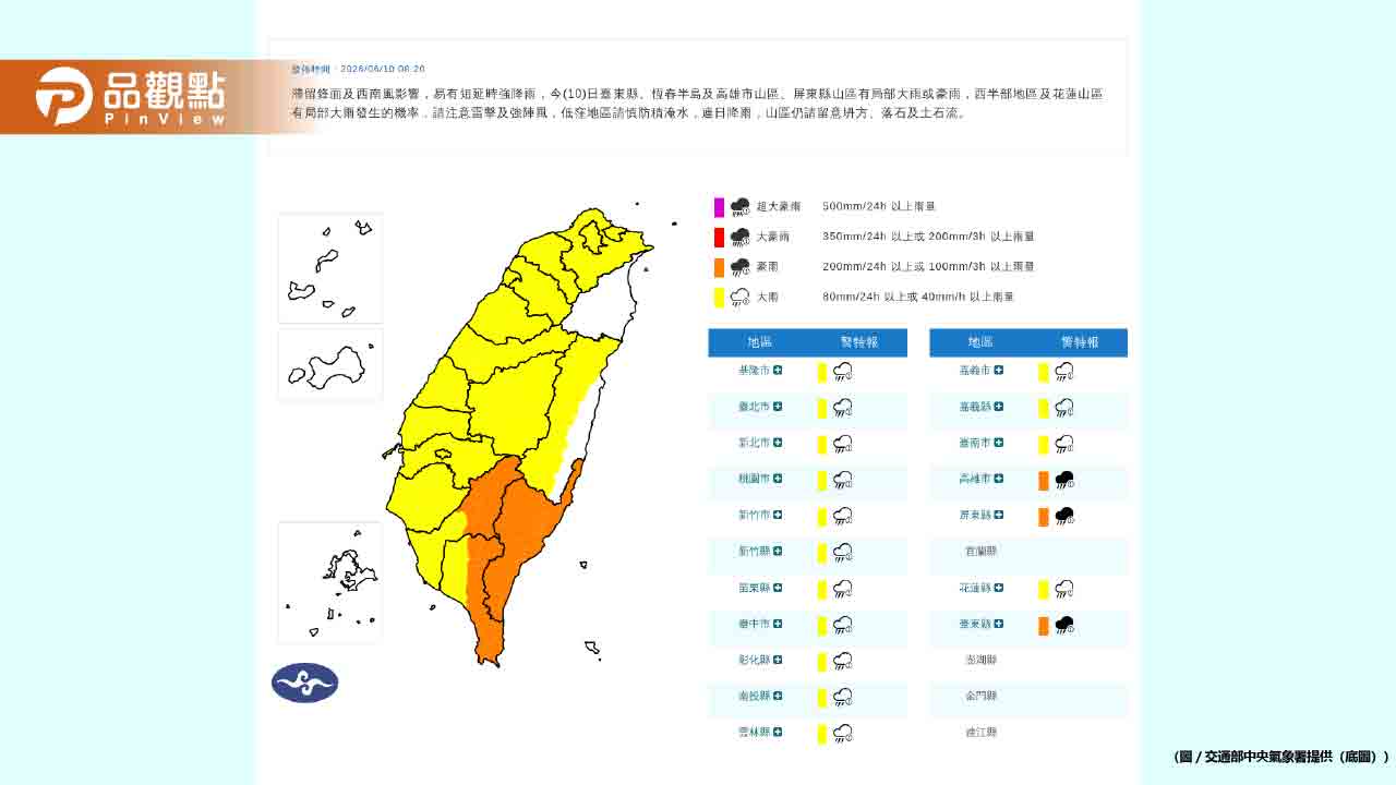 南台灣豪雨來襲！12縣市警戒 大雷雨狂轟屏東、台東