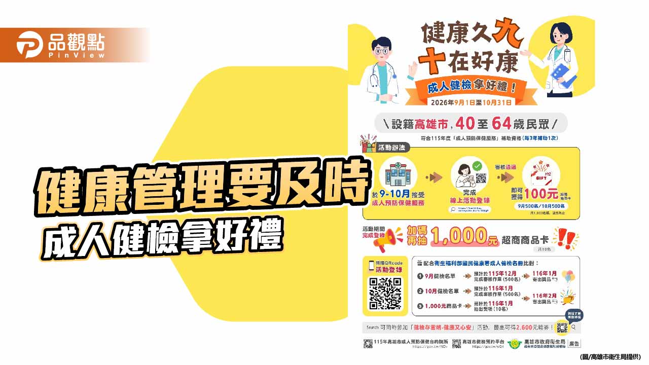 高雄成人健檢送百元商品卡　9、10月完成登錄再抽千元好禮